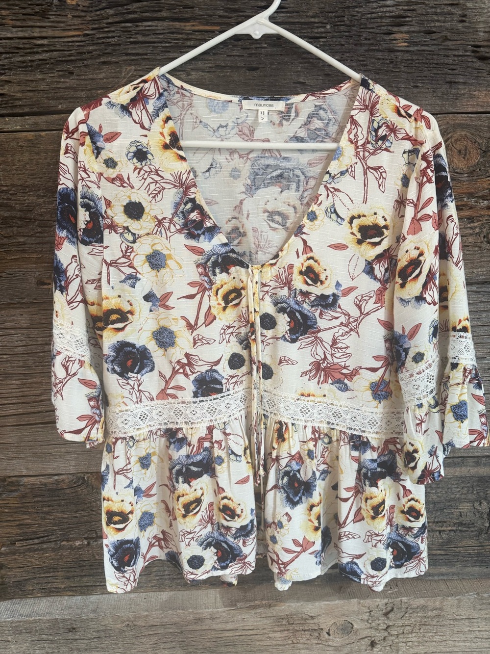 Maurices Floral V-Neck Blouse in Cream, Navy, Yellow